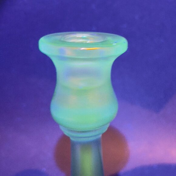 Vtg Central Glass Works Iridescent Blue Stretch Trumpet Candlestick Holders Glow - Picture 6 of 16